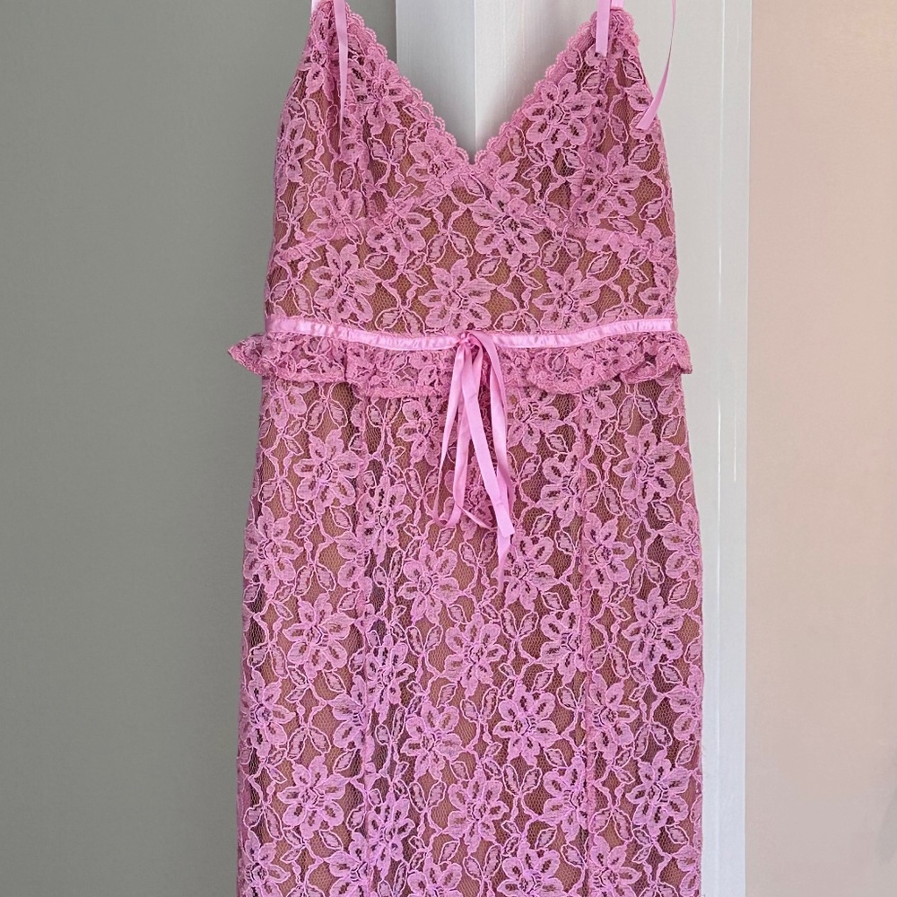 MAJORELLE Pink Lace Midi Dress